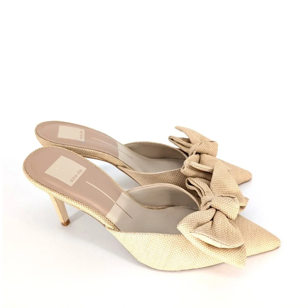 Dolce Vita Kayli Raffia Natural Bow Sandal Kitten Heel 8 Coquette Parisian Chic